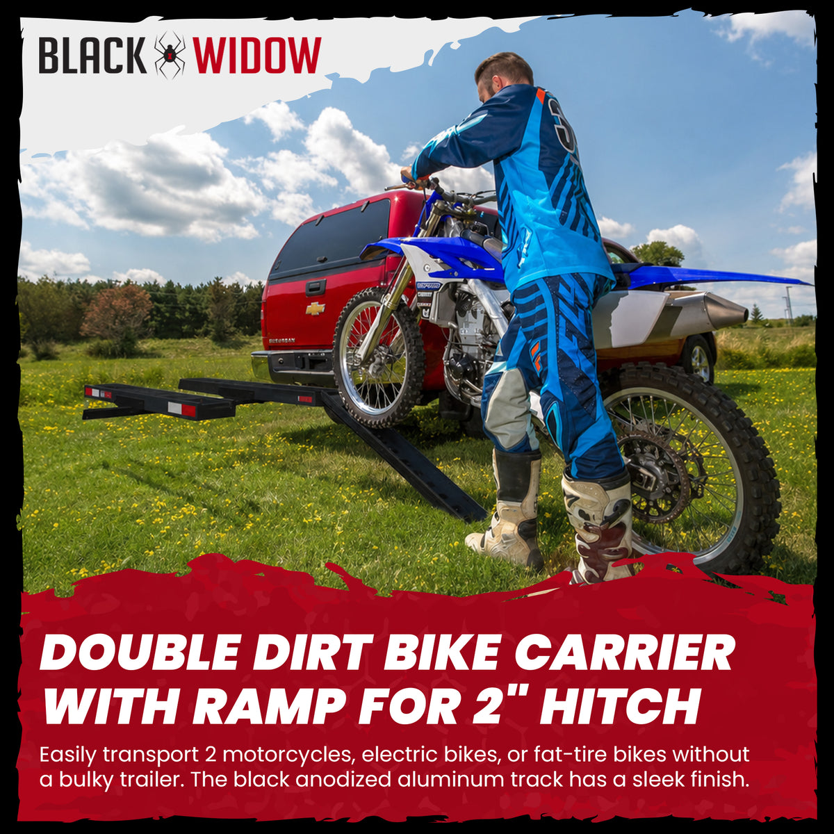 Black Widow Pro Double Dirt Bike Carrier with Ramp for 2" Hitch, 600 lb Capacity