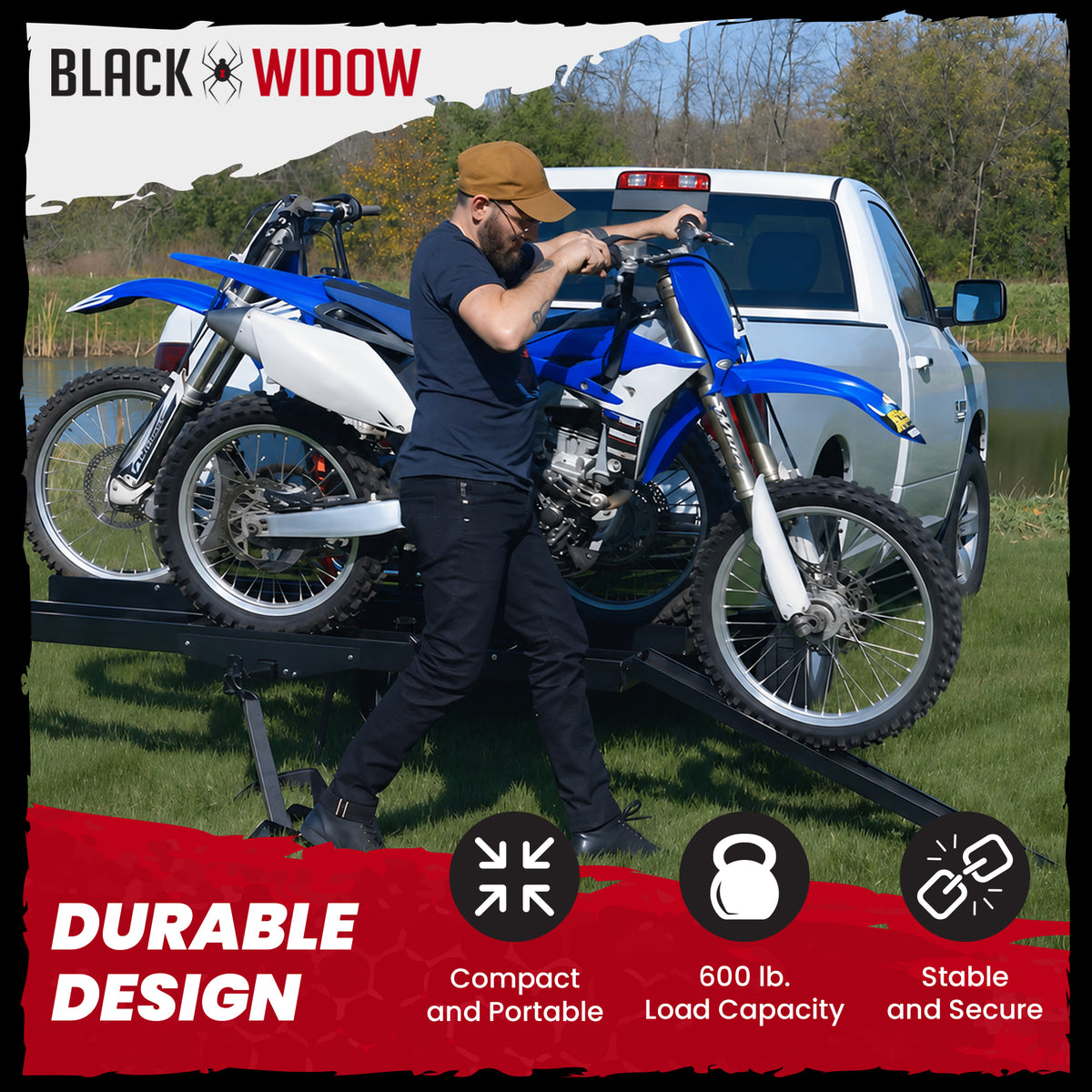 Black Widow Pro Double Dirt Bike Carrier with Ramp for 2" Hitch, 600 lb Capacity