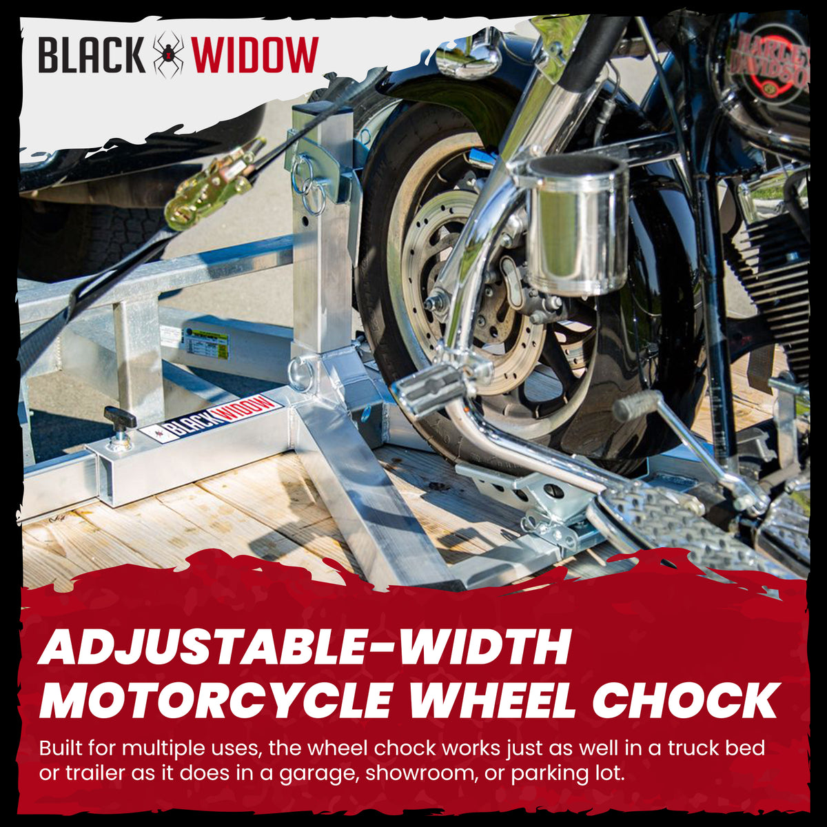 Black Widow Motorcycle Wheel Chock, Adjustable Aluminum Stand, Fits 15-22" Tires