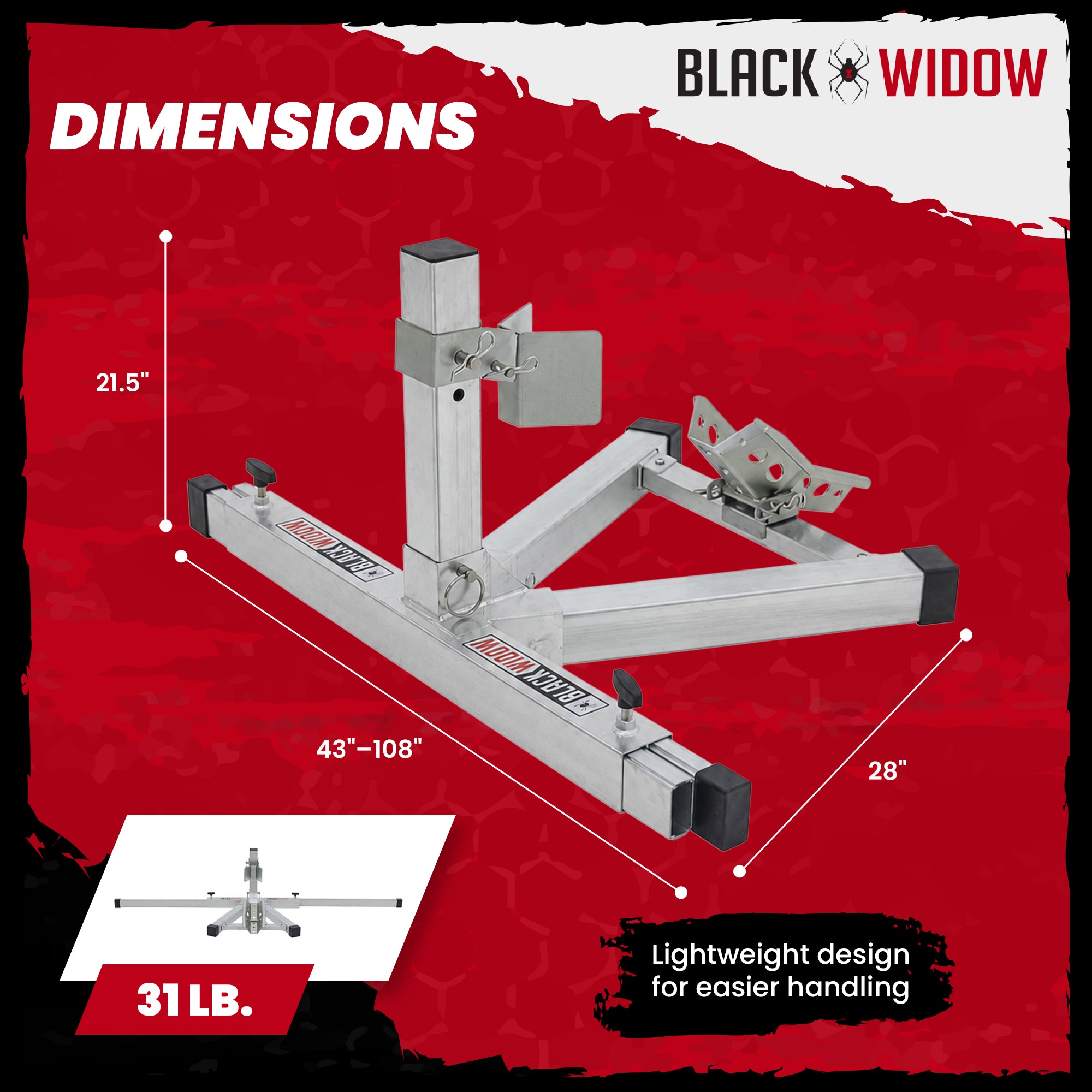 Black Widow Motorcycle Wheel Chock, Adjustable Aluminum Stand, Fits 15-22" Tires