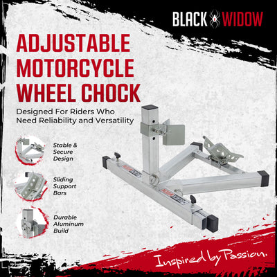 Black Widow Motorcycle Wheel Chock, Adjustable Aluminum Stand, Fits 15-22" Tires - VMInnovations