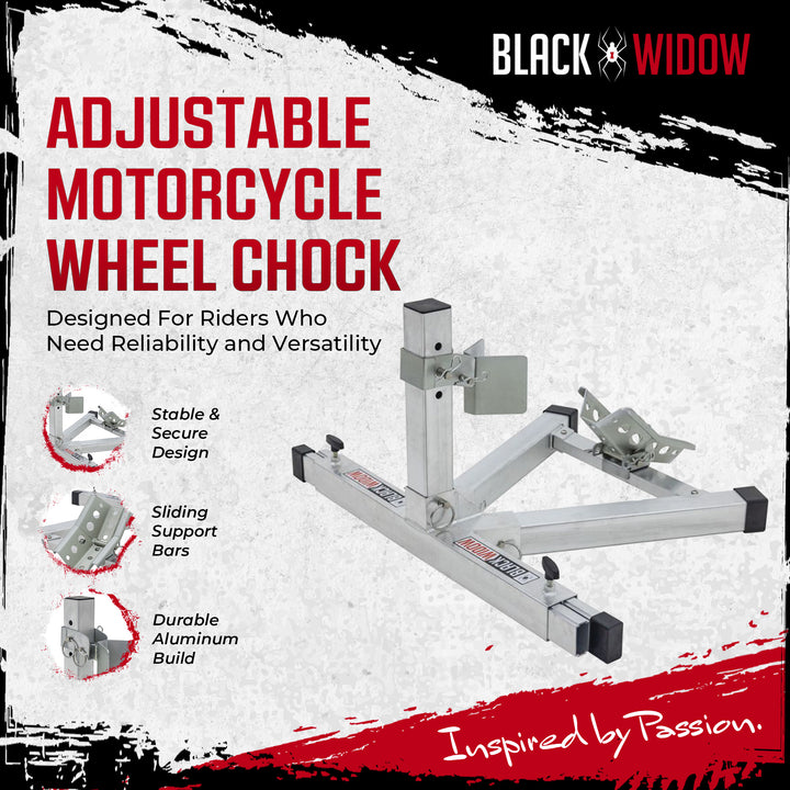 Black Widow Motorcycle Wheel Chock, Adjustable Aluminum Stand, Fits 15-22" Tires
