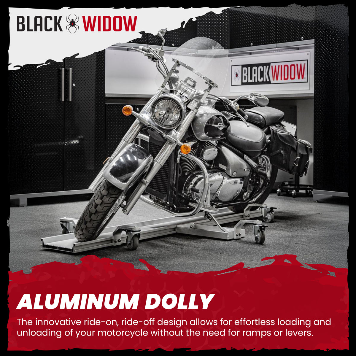 Black Widow Motorcycle Dolly, Fully Adjustable Kickstand Plate Locking Casters