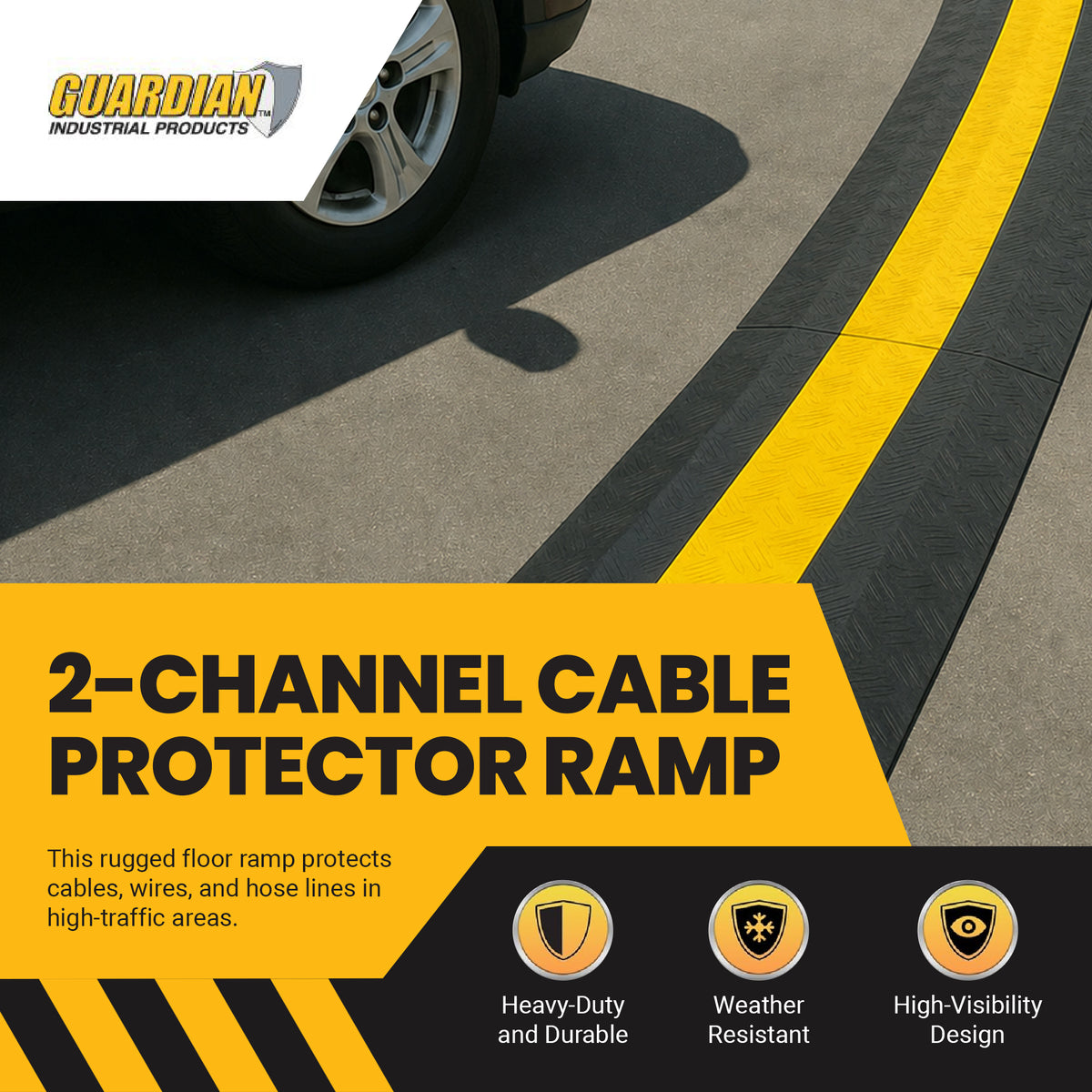 Guardian 2 Channel Cable Protector Ramp, Floor Cover for Cars,Trucks, Black