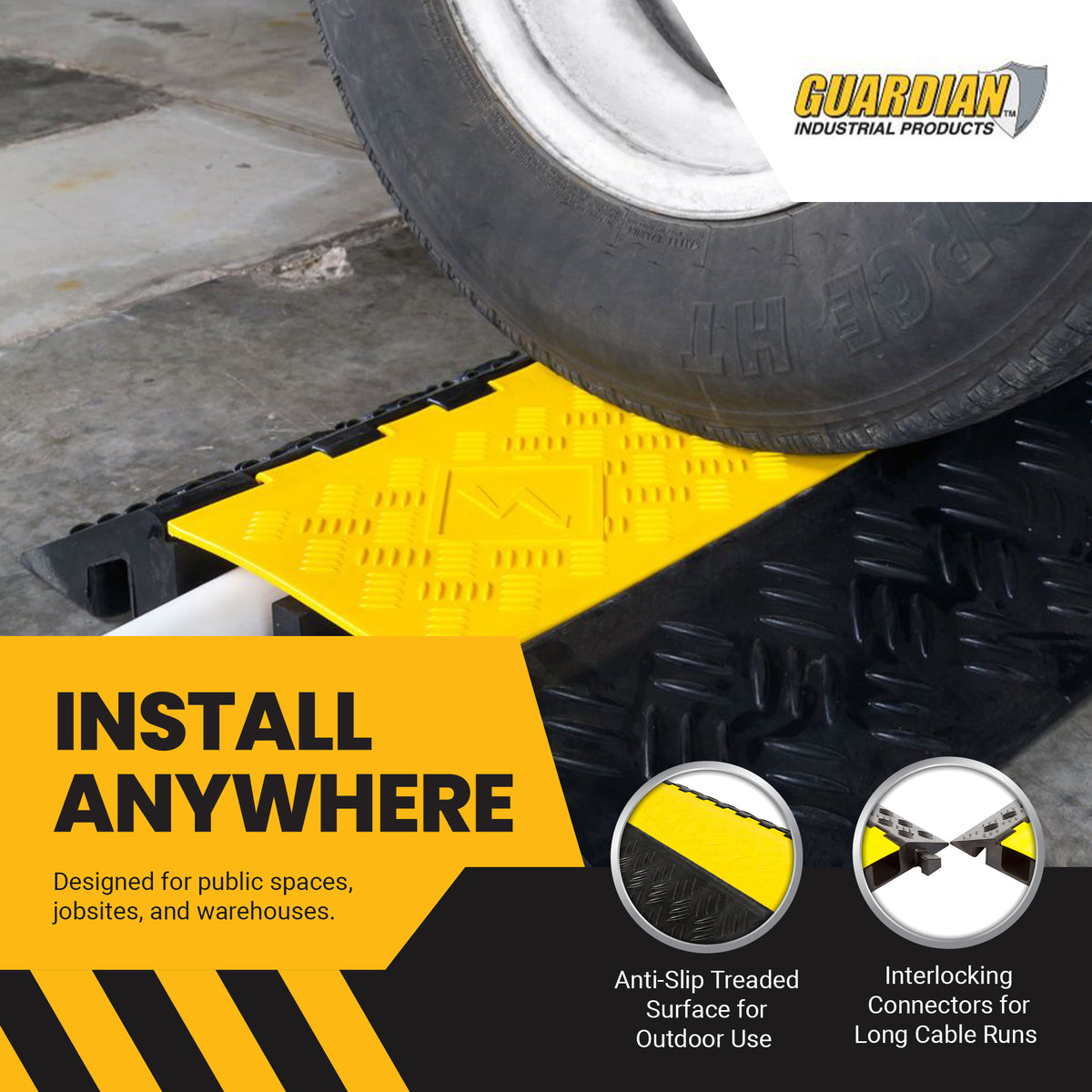 Guardian 2 Channel Cable Protector Ramp, Floor Cover for Cars,Trucks, Black