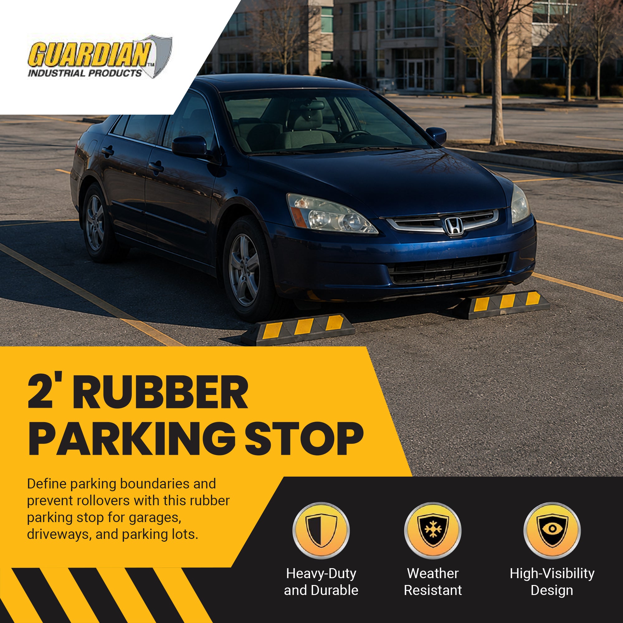 Guardian Parking Stop, 2 Foot Long Rubber Curb with Mounting Holes, Black/Yellow