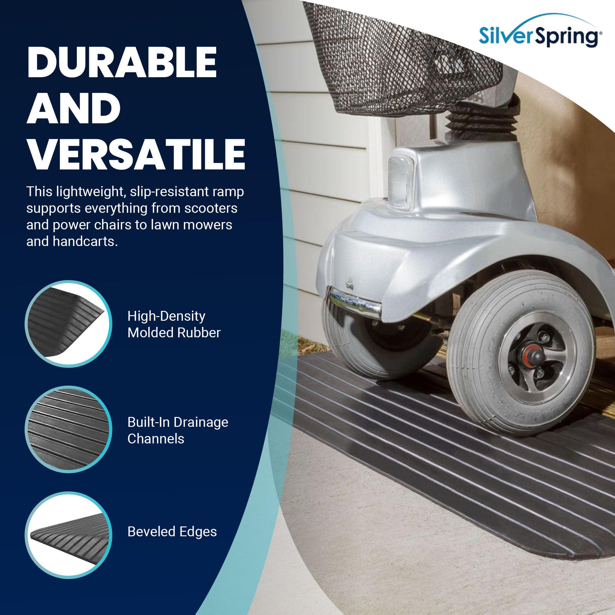 Silver Spring Rubber Threshold Ramp for Wheelchairs, Scooters & More, 1.5" Rise