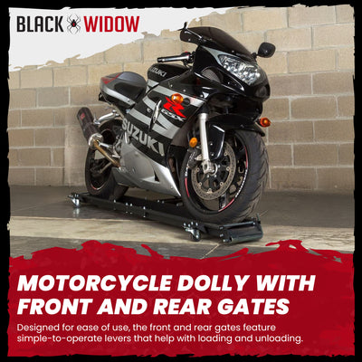Black Widow Motorcycle Dolly with Front and Rear Gates for Loading (Open Box)