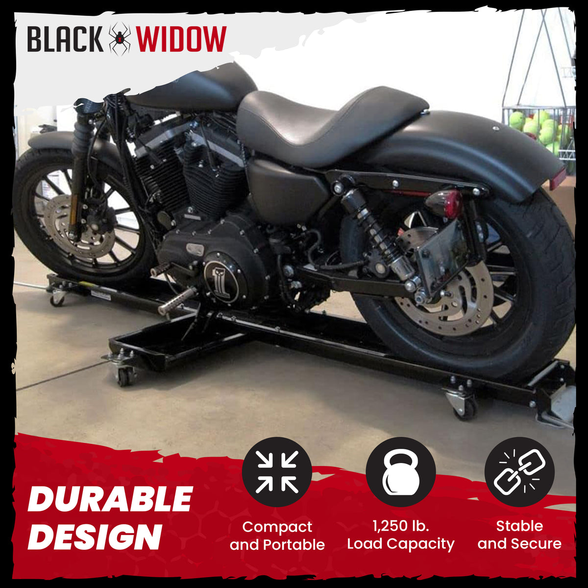 Black Widow Motorcycle Dolly with Front and Rear Gates for Loading and Unloading