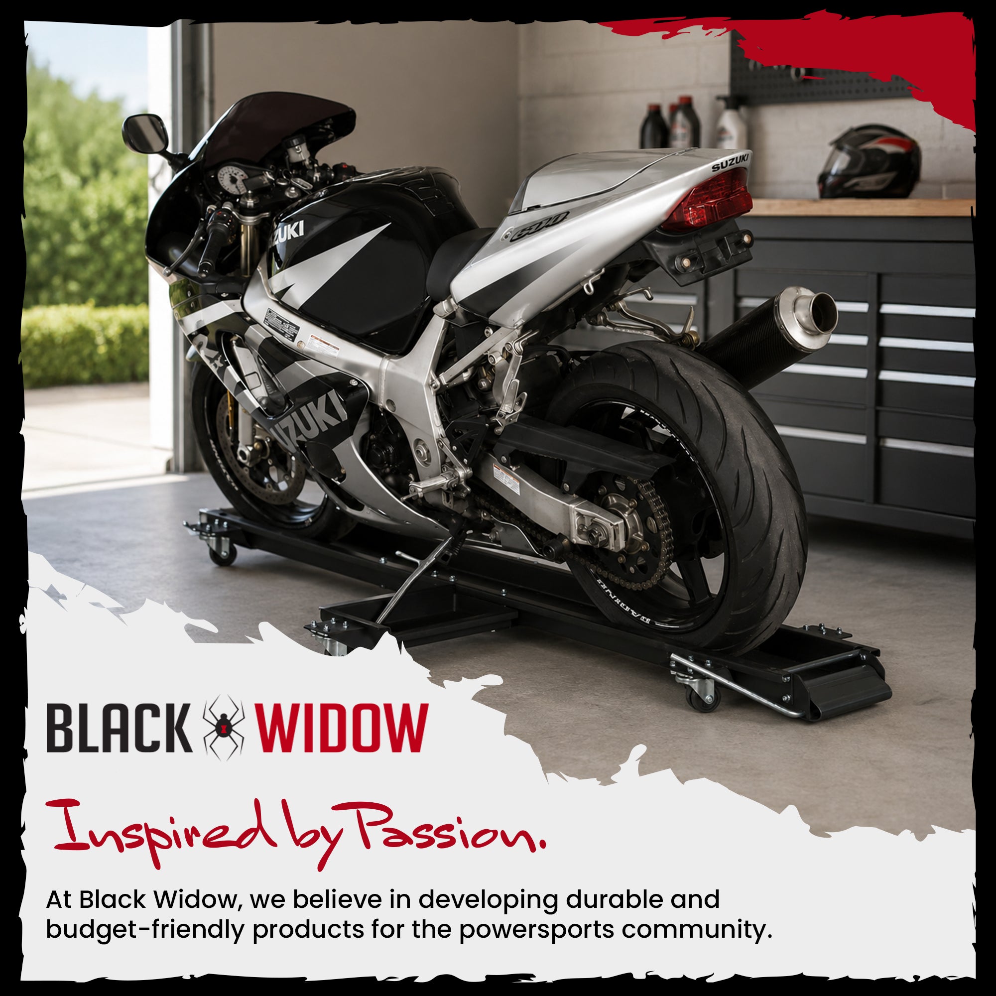 Black Widow Motorcycle Dolly with Front and Rear Gates for Loading and Unloading