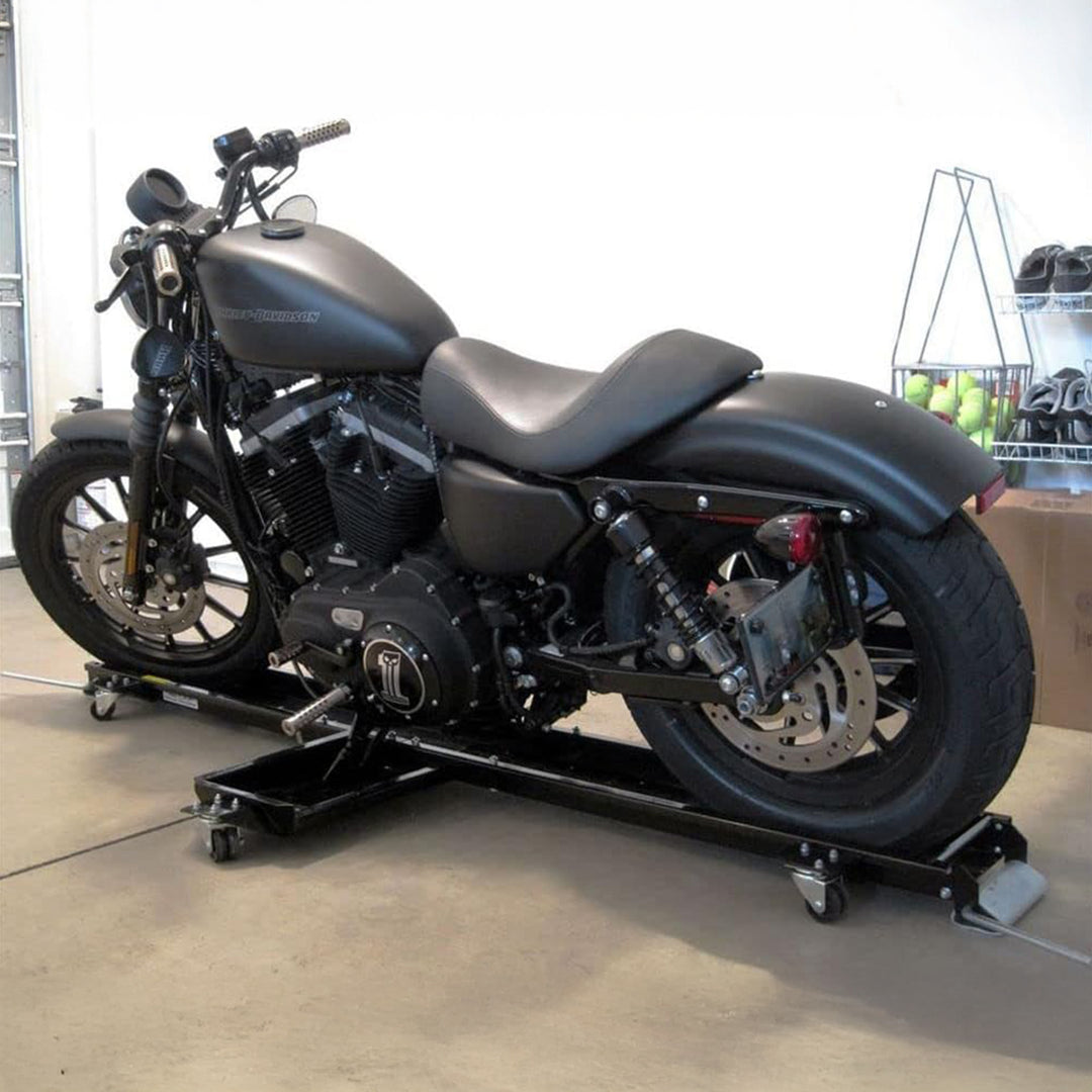 Black Widow Motorcycle Dolly with Front and Rear Gates for Loading (Open Box)