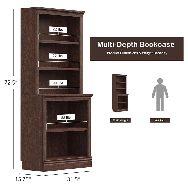 JAHRSTIM Halston Multi-Depth Bookcase, Adjustable Storage Shelving Unit, Cherry