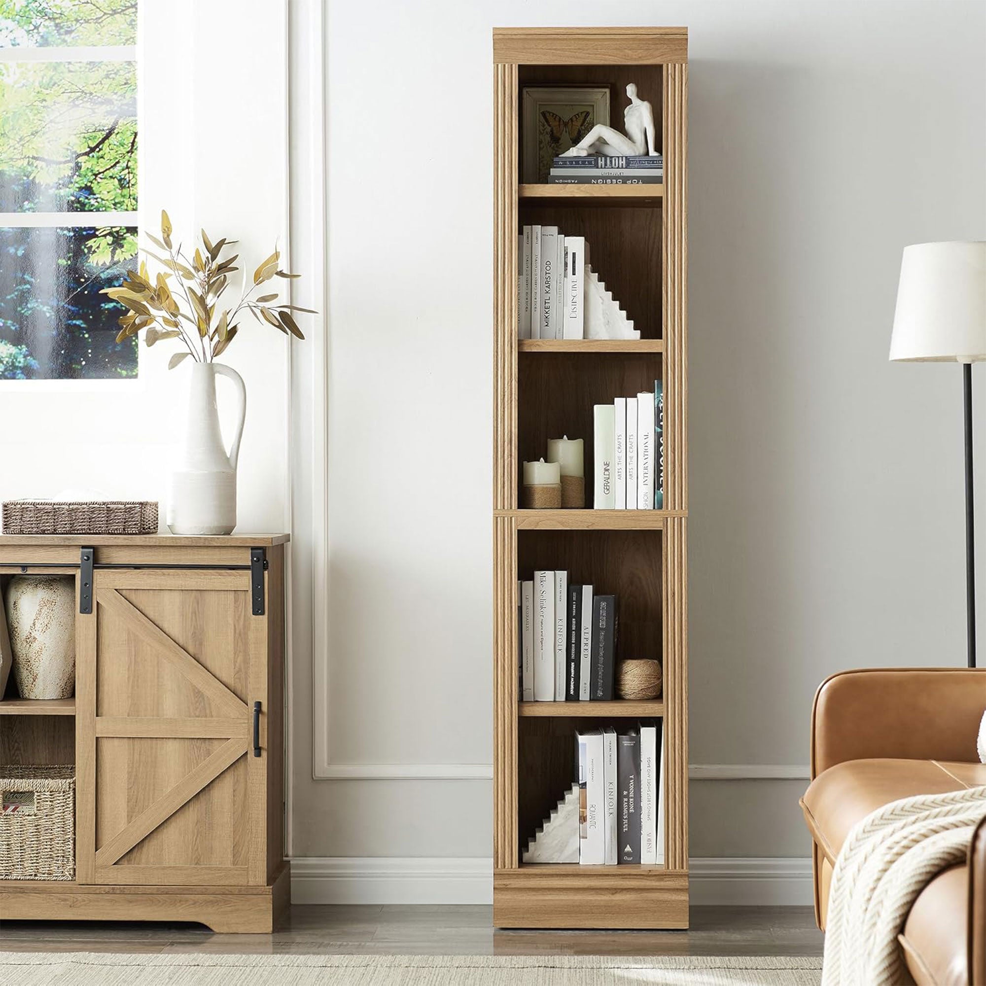 VAUXHILL & CO. Halston Narrow Bookcase, Adjustable Storage Shelving Unit, Oak