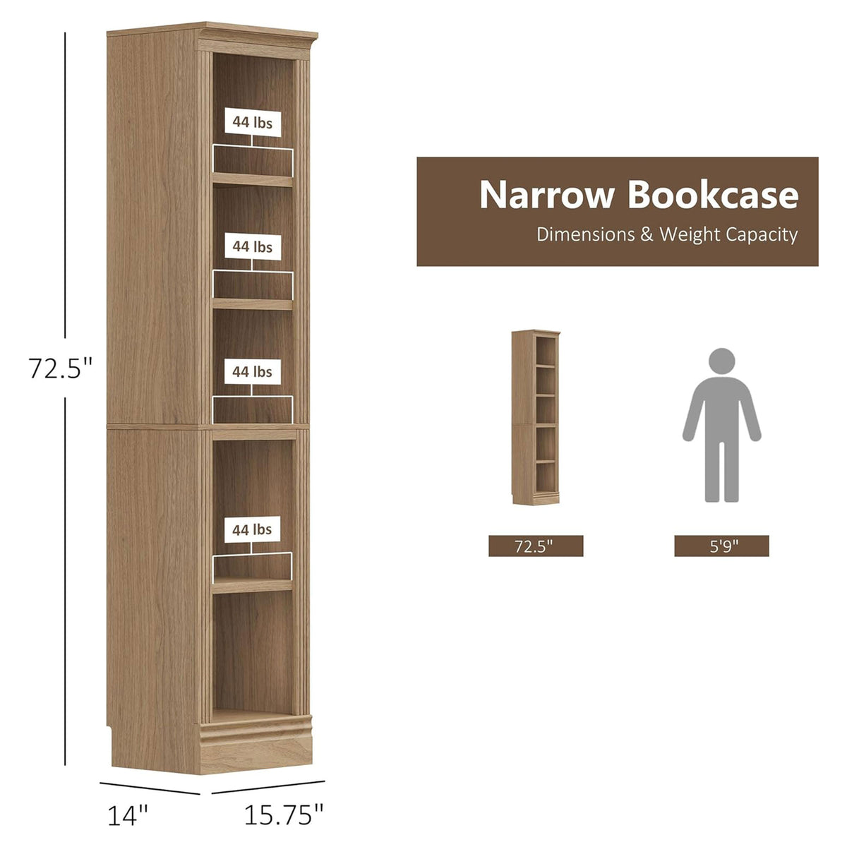 VAUXHILL & CO. Halston Narrow Bookcase, Adjustable Storage Shelving Unit, Oak