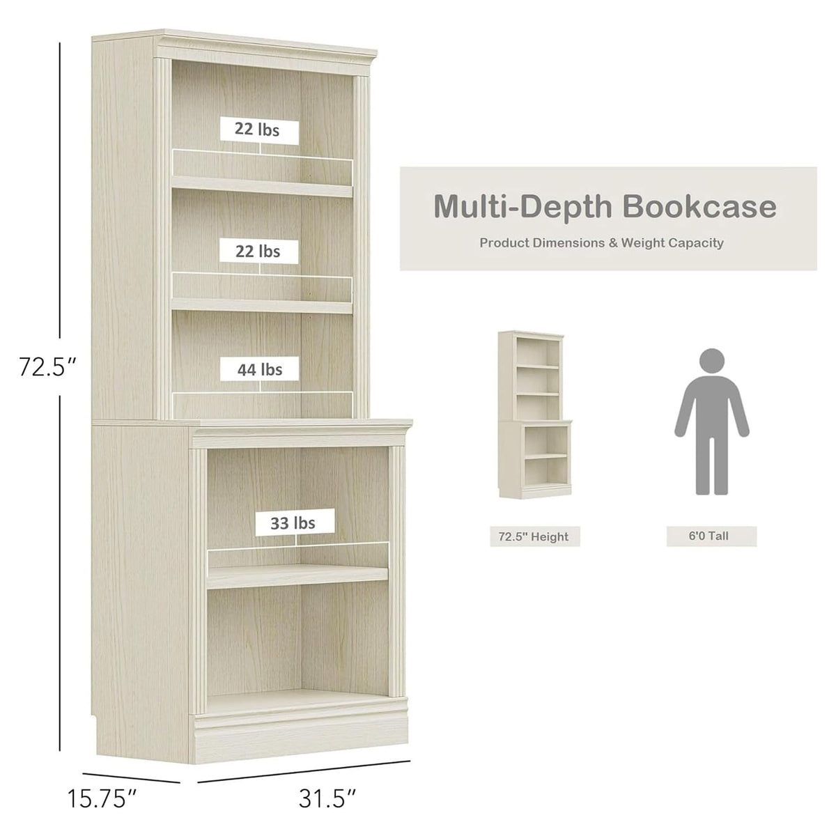 VAUXHILL & CO. Halston Multi-Depth Bookcase, Adjustable Shelving Unit(For Parts)