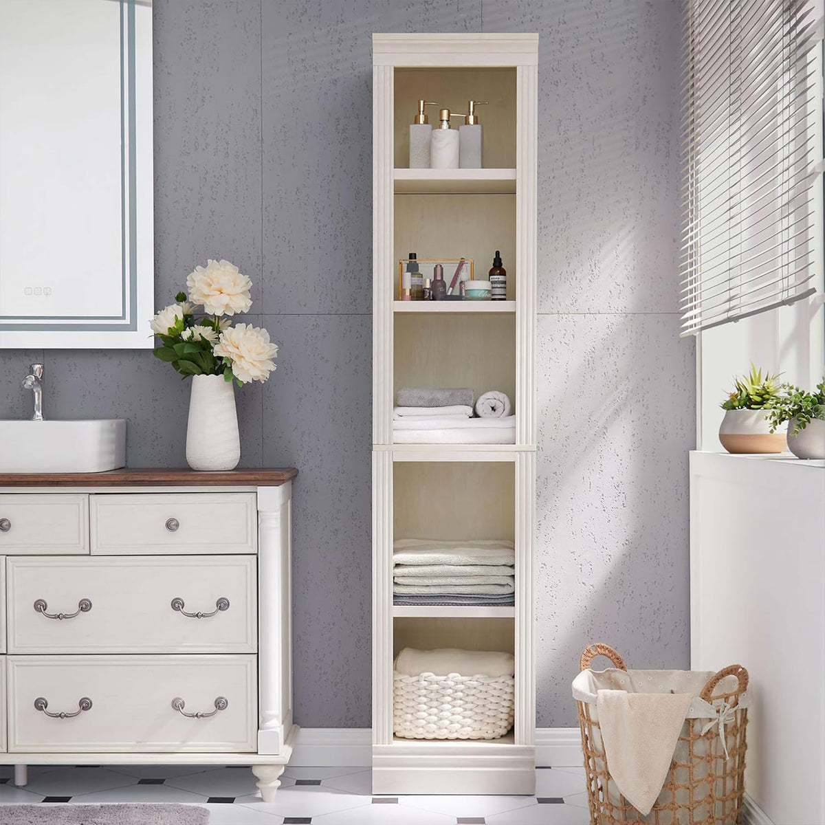 VAUXHILL & CO. Halston Narrow Bookcase, Adjustable Storage Shelving Unit, Cream