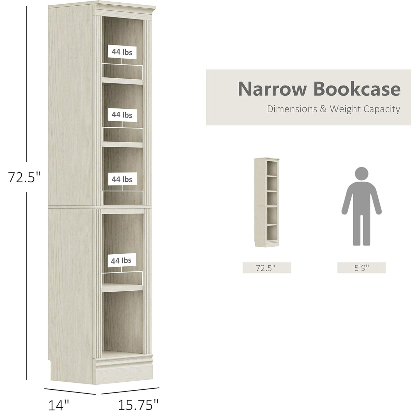 VAUXHILL & CO. Halston Narrow Bookcase, Adjustable Storage Shelving Unit, Cream - VMInnovations