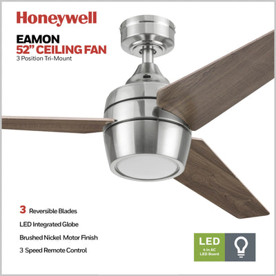 Honeywell Eamon Ceiling Fan, Quiet Motor and Remote Control, 52", Brushed Nickel - VMInnovations