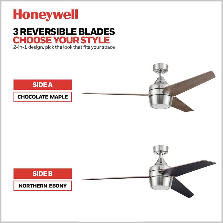 Honeywell Eamon Ceiling Fan, Quiet Motor and Remote Control, 52", Brushed Nickel