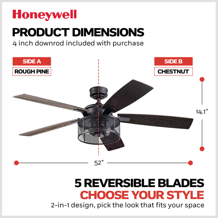 Honeywell Carnegie Ceiling Fan, Quiet Motor and Remote Control, 52", Matte Black