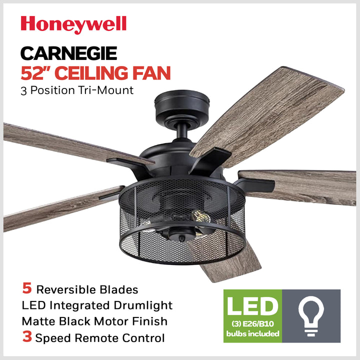 Honeywell Carnegie Ceiling Fan, Quiet Motor and Remote Control, 52", Matte Black