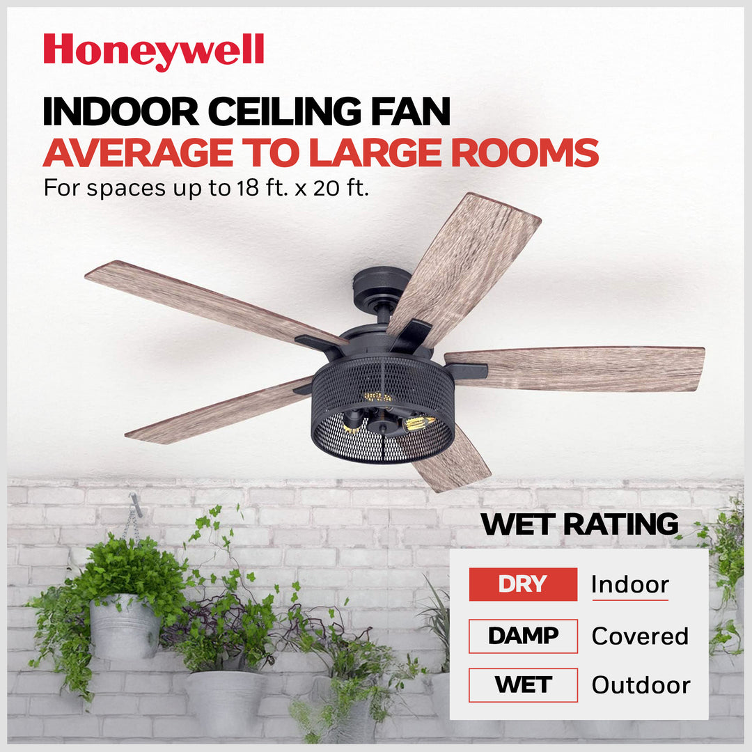Honeywell Carnegie Ceiling Fan, Quiet Motor and Remote Control, 52", Matte Black