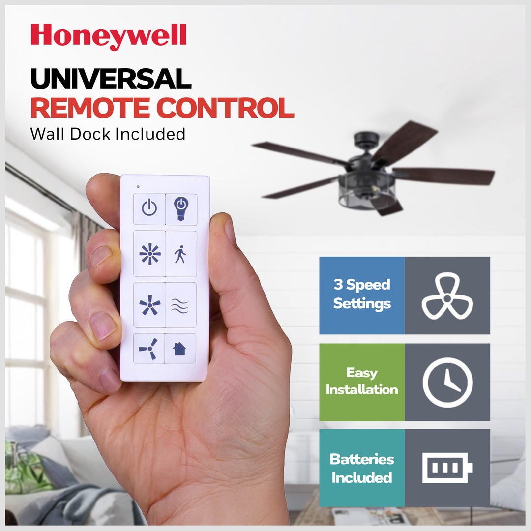 Honeywell Carnegie Ceiling Fan, Quiet Motor and Remote Control, 52", Matte Black