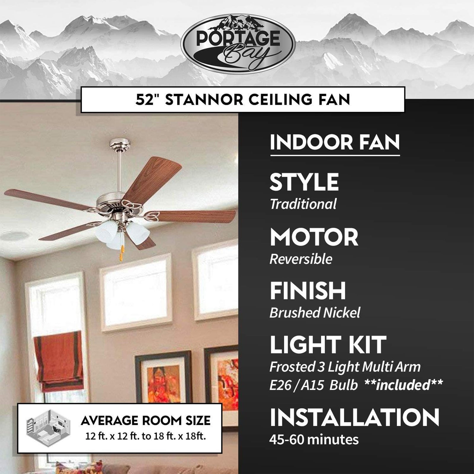 Portage Bay 52" Stannor Ceiling Fan Indoor Light Kit w/ 3 Bulbs, Brushed Nickel - VMInnovations