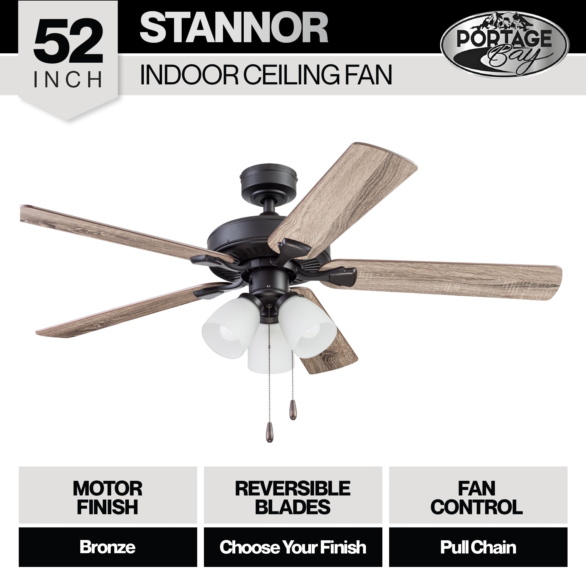 Portage Bay 52" Stannor Ceiling Fan Indoor Light Kit with 3 Bulbs, 51434, Bronze - VMInnovations