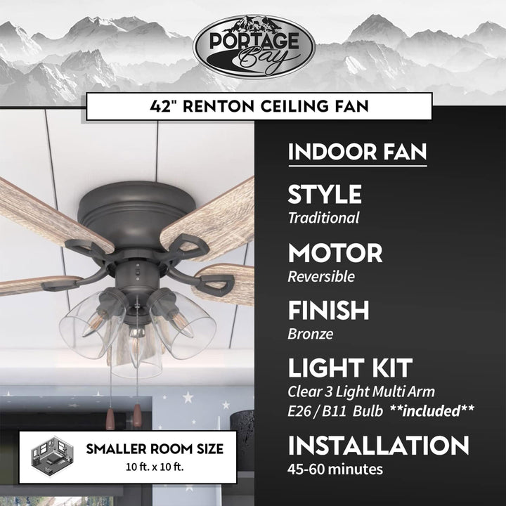 Portage Bay Renton Ceiling Fan with 5 Reversible Blades and Motor, 42", Bronze - VMInnovations