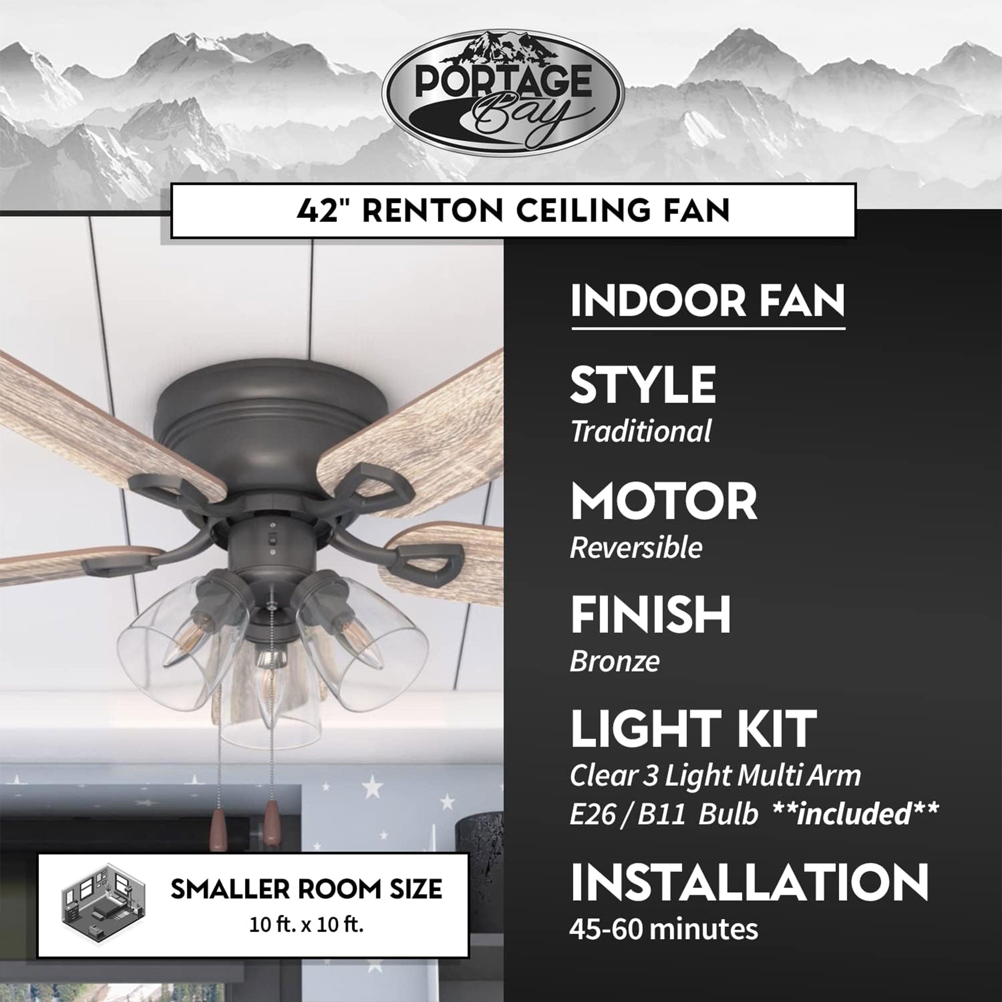 Portage Bay Ceiling Fan with 5 Reversible Blades and Motor, 42" Bronze(Open Box) - VMInnovations