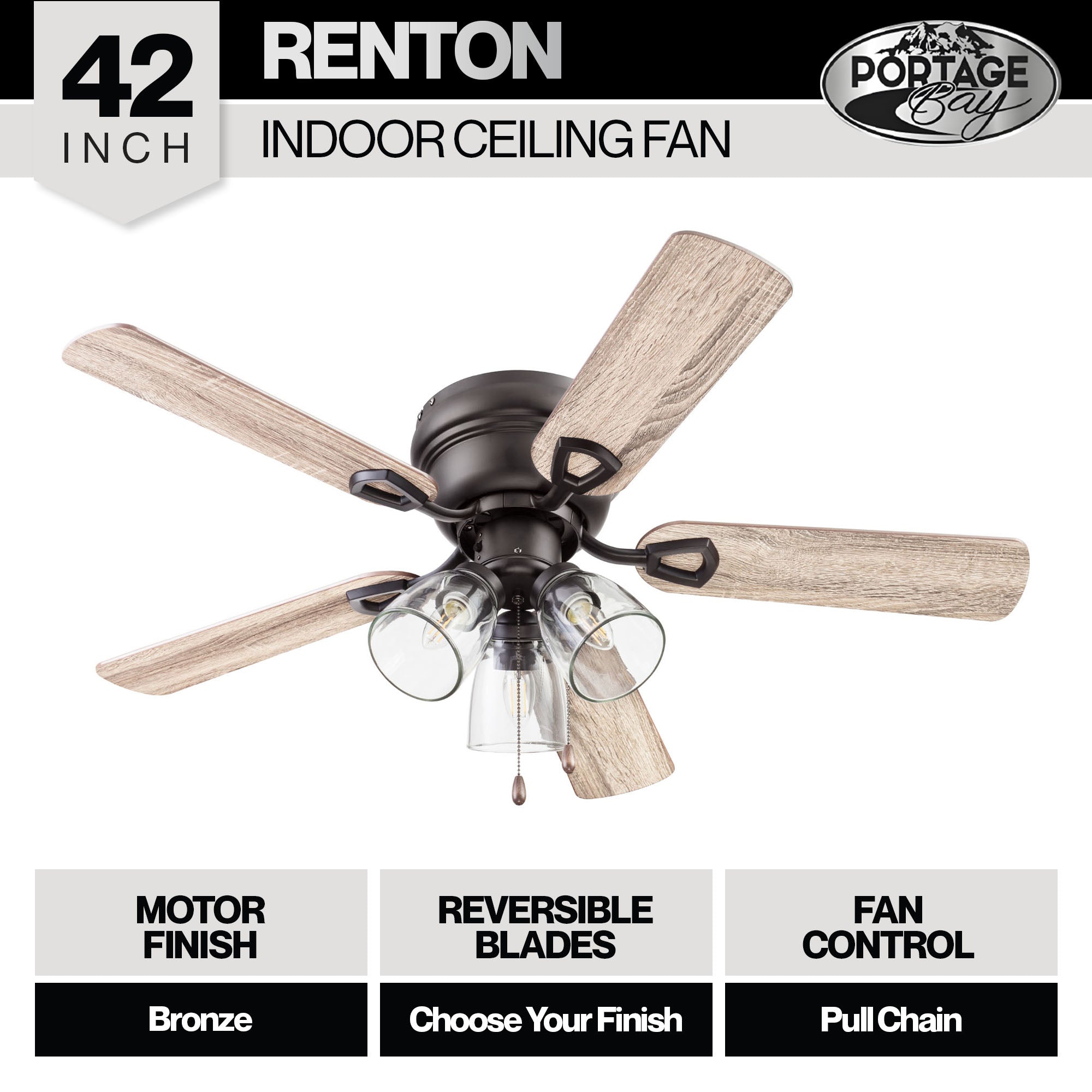 Portage Bay Renton Ceiling Fan with 5 Reversible Blades and Motor, 42", Bronze - VMInnovations