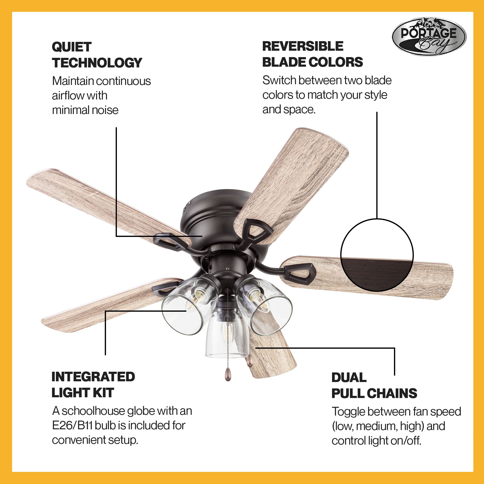 Portage Bay Renton Ceiling Fan with 5 Reversible Blades and Motor, 42", Bronze - VMInnovations