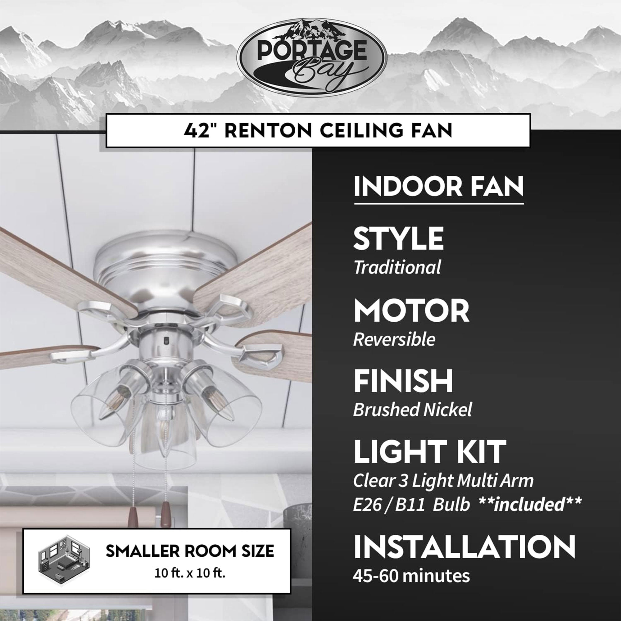Portage Bay Renton Ceiling Fan, Quiet Reversible Motor, 42 Inches(Open Box)