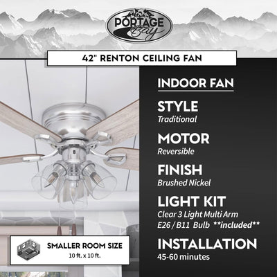 Portage Bay Renton Ceiling Fan, Quiet Reversible Motor, 42 Inches(Open Box)