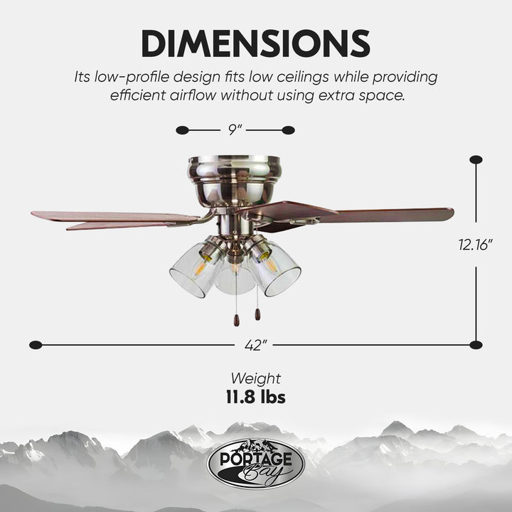 Portage Bay Renton Ceiling Fan, Quiet Reversible Motor, 42 Inch, Brushed Nickel - VMInnovations