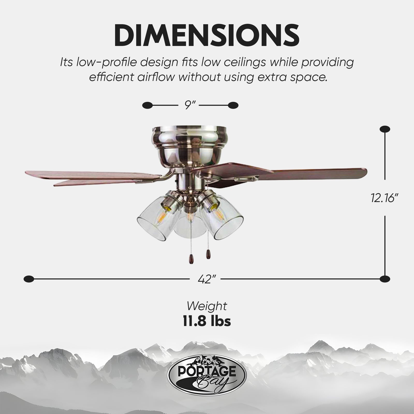 Portage Bay Renton Ceiling Fan, Quiet Reversible Motor, 42 Inch, Nickel (Used) - VMInnovations