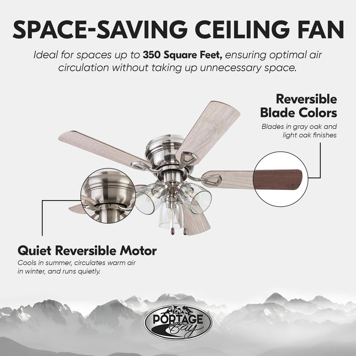 Portage Bay Renton Ceiling Fan, Quiet Reversible Motor, 42 Inch, Brushed Nickel - VMInnovations