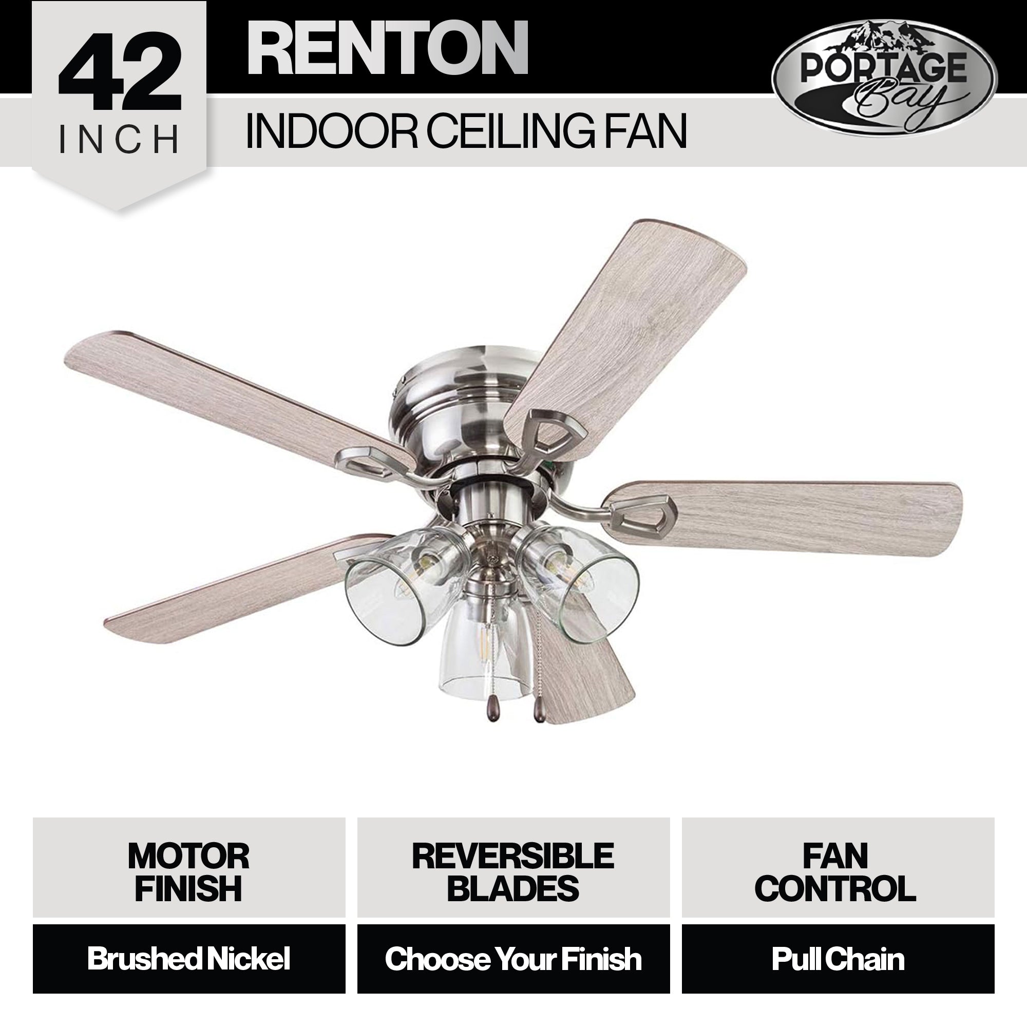 Portage Bay Renton Ceiling Fan, Quiet Reversible Motor, 42 Inches(Open Box) - VMInnovations