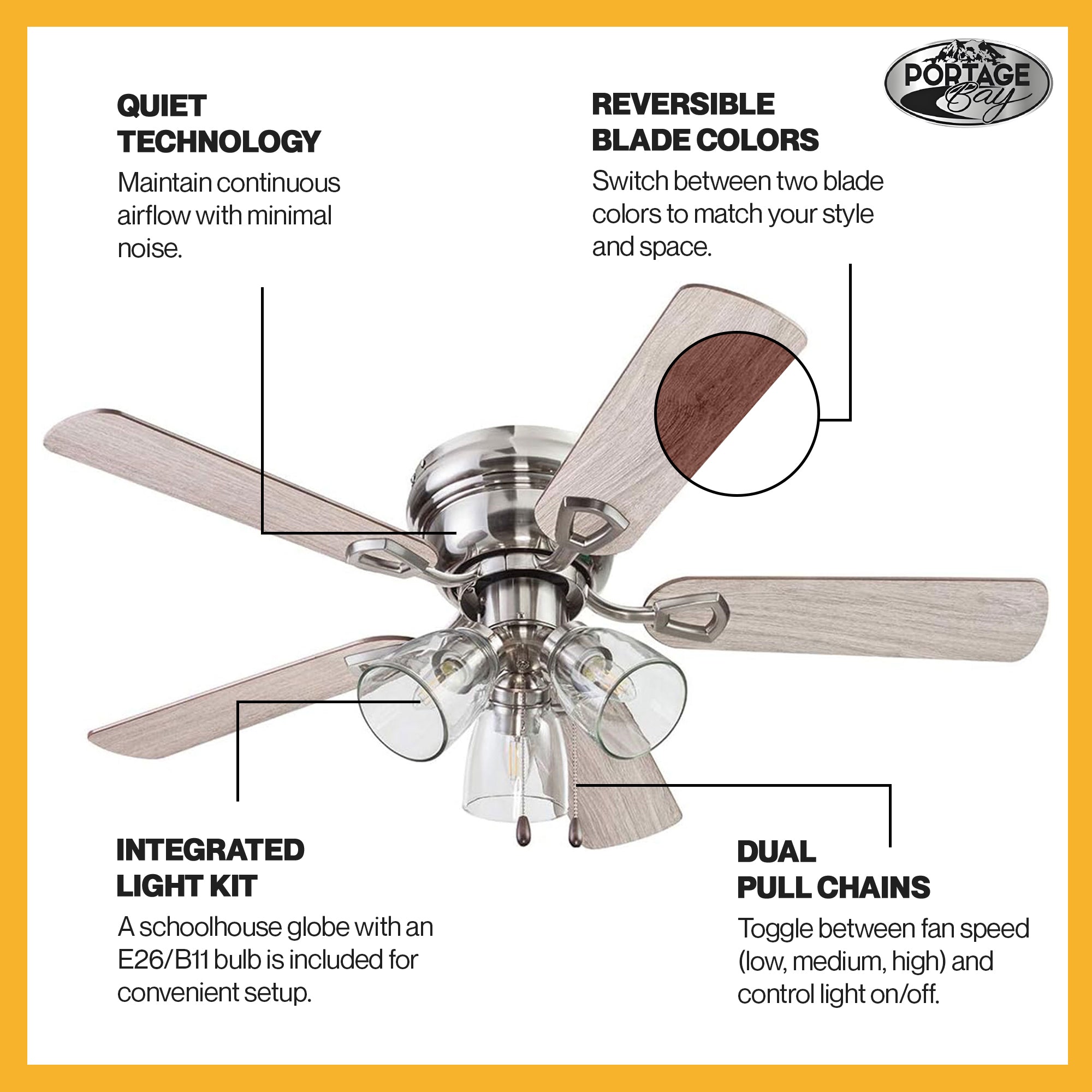 Portage Bay Renton Ceiling Fan, Quiet Reversible Motor, 42 Inches(Open Box)