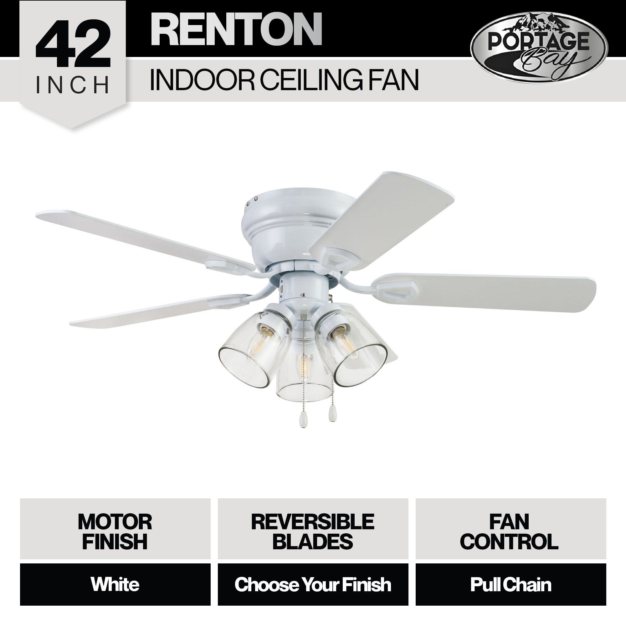 Portage Bay Renton Ceiling Fan with 5 Reversible Blades & Motor, 42", White - VMInnovations