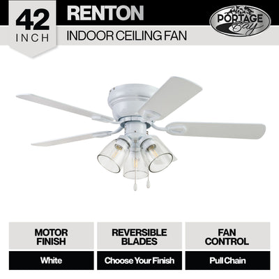 Portage Bay Renton Ceiling Fan with 5 Reversible Blades & Motor, 42", White - VMInnovations