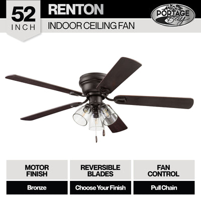 Portage Bay Renton Ceiling Fan with Quiet, Reversible Motor, 52 Inch, Bronze