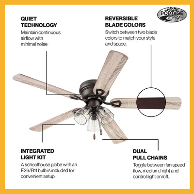 Portage Bay Renton Ceiling Fan with Quiet, Reversible Motor, 52 Inch, Bronze