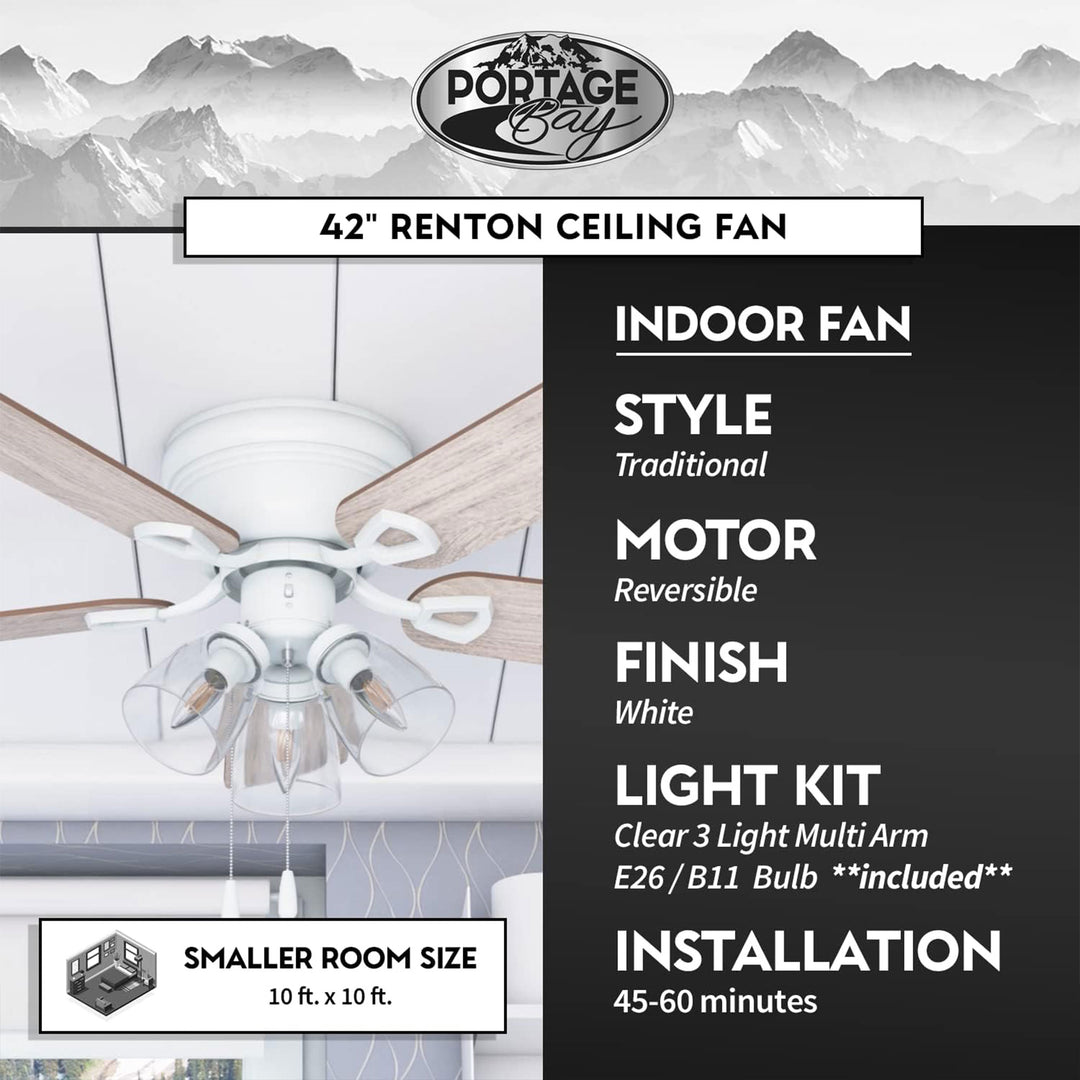 Portage Bay Renton Ceiling Fan with Quiet, Reversible Motor, 52", Brushed Nickel - VMInnovations