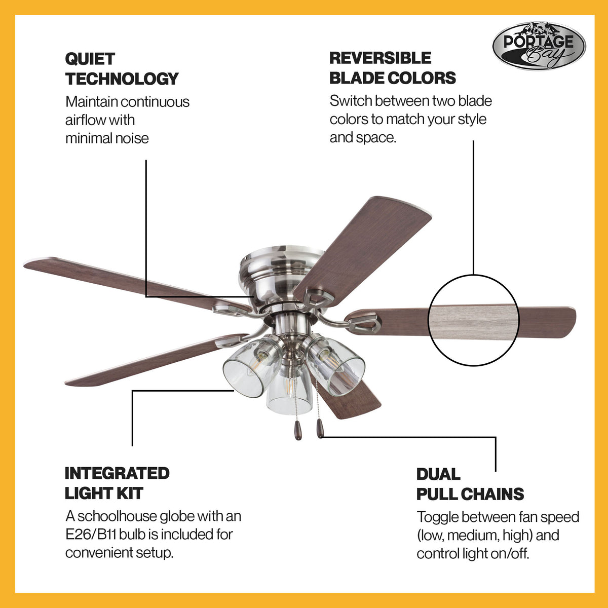 Portage Bay Renton Ceiling Fan with Quiet, Reversible Motor, 52", Brushed Nickel