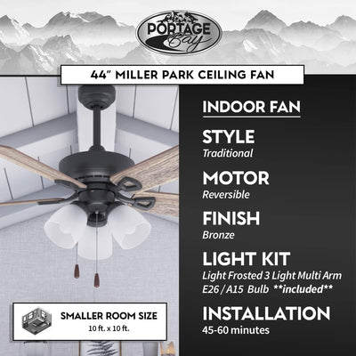 Portage Bay Miller Park Ceiling Fan w/ 5 Reversible Blades & Motor, 44", Bronze - VMInnovations