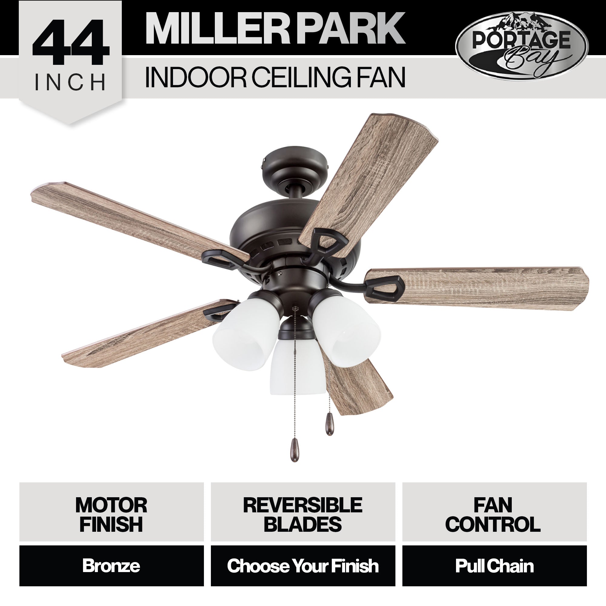 Portage Bay Miller Park Ceiling Fan w/ 5 Reversible Blades & Motor, 44", Bronze - VMInnovations