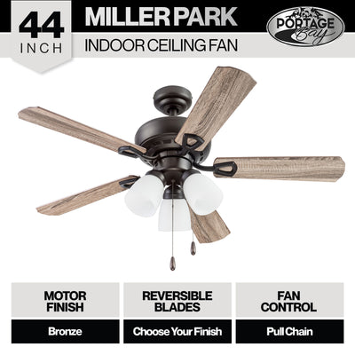 Portage Bay Miller Park Ceiling Fan w/ 5 Reversible Blades & Motor, 44", Bronze - VMInnovations