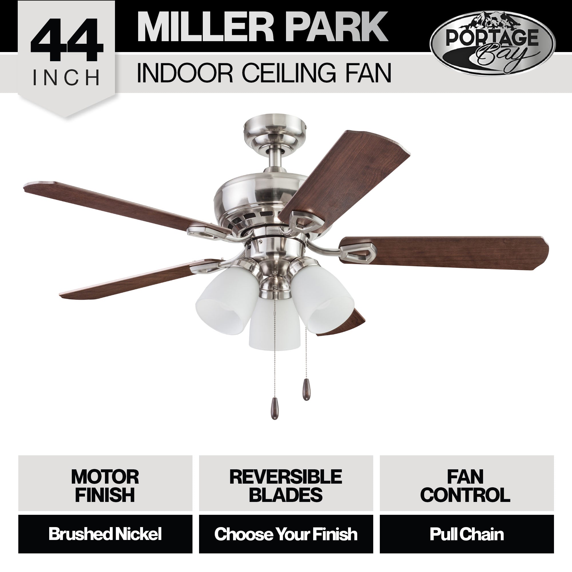 Portage Bay Miller Park Ceiling Fan w/ Reversible Blades, 44", Brushed Nickel - VMInnovations